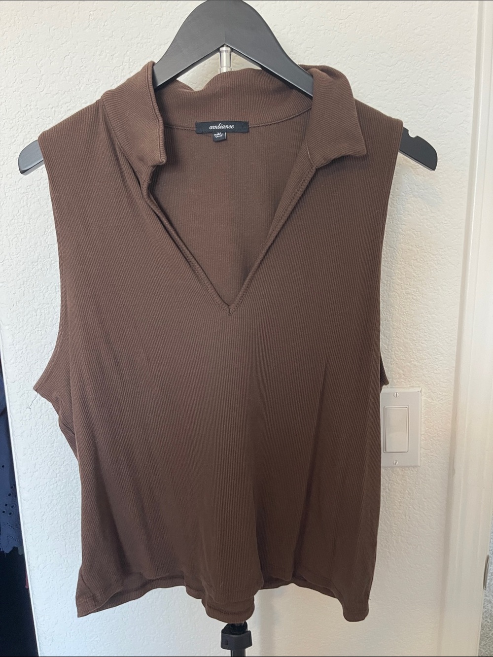 Ambiance Ribbed Sleeveless Collared V-Neck Tank in Chocolate Brown